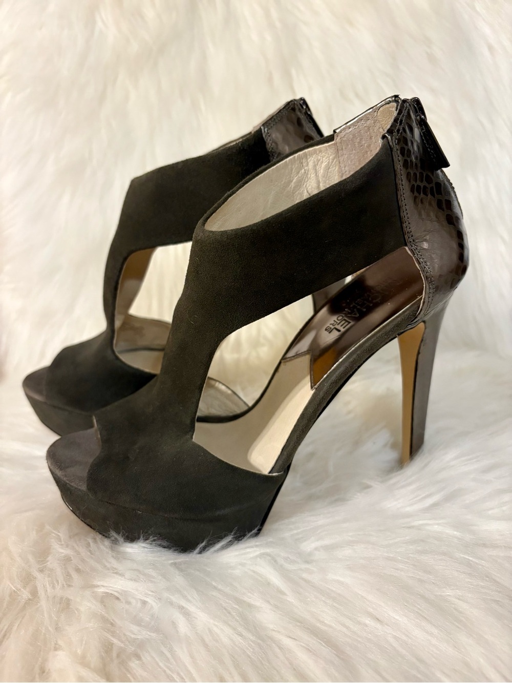 MICHAEL Michael Kors Dark Gray Suede Peep Toe Platforms with Metallic Heels
